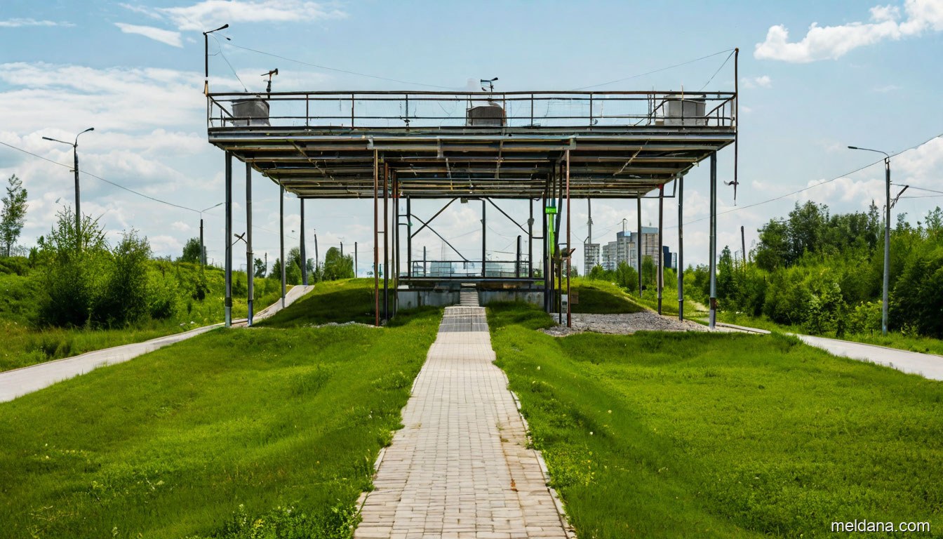 Обвалованный резервуар чистой воды под защитным сетчатым навесом на опорах по периметру