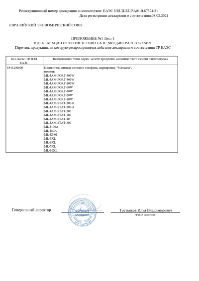Сертификат Комплекс обнаружения и подавления БПЛА ML-SAD-MALAHIT2-V2
